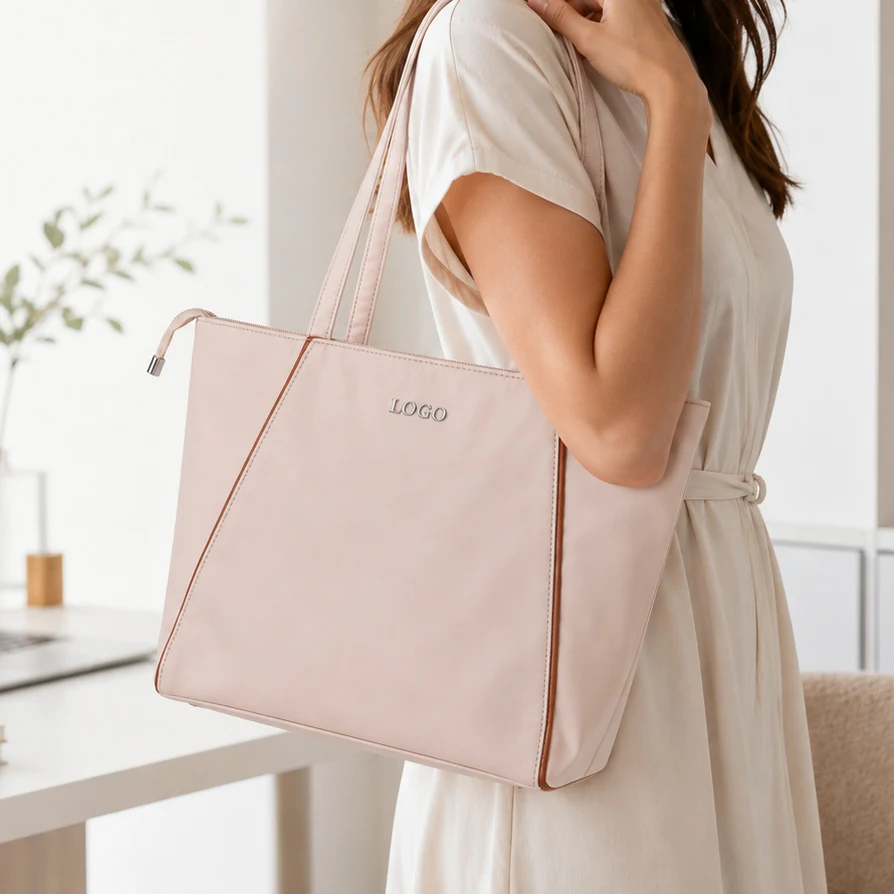Blush pink tote bag carried by a woman in a bright indoor setting