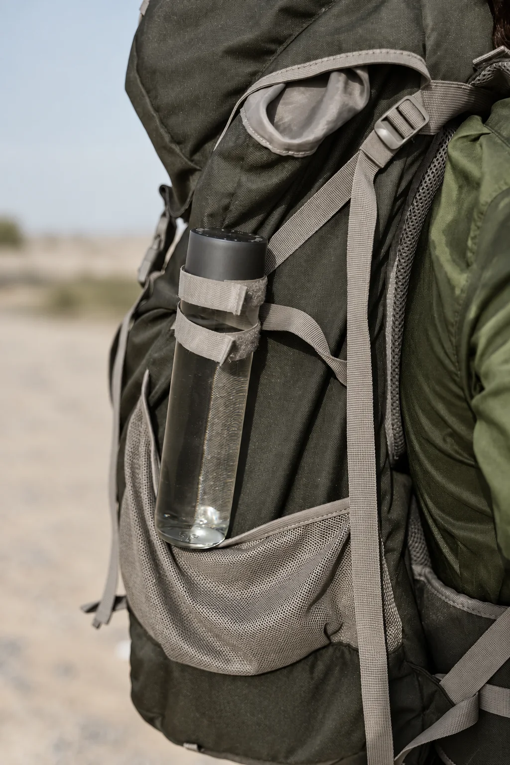 Close-up of a charcoal backpack with a water bottle in its mesh side pocket