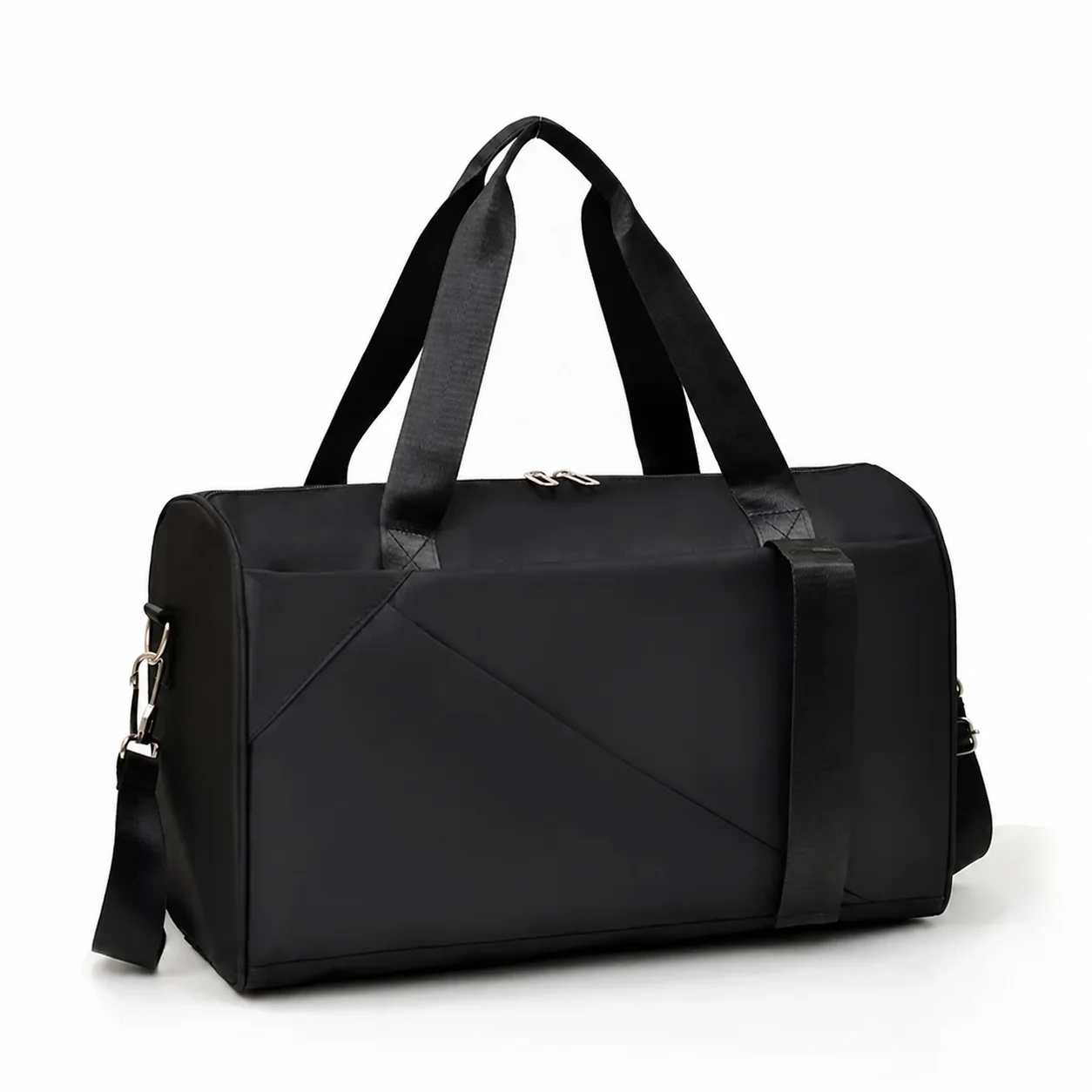 Black gym duffel bag photographed on a white background
