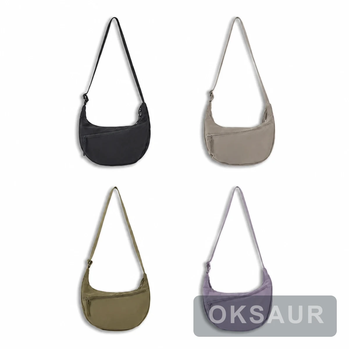 Crescent crossbody bag shown in black, khaki grey, olive green, and purple colour options